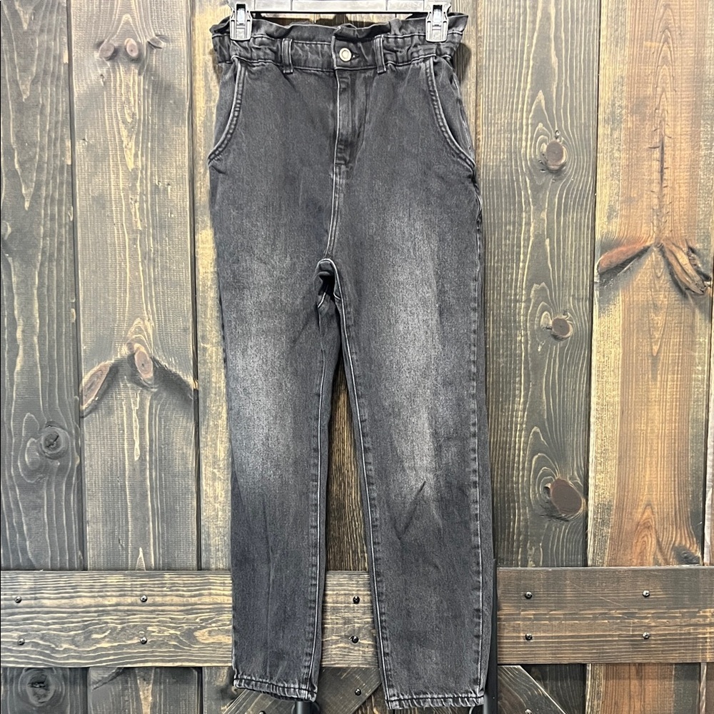 Zara Black Mom Jeans 00 Ruffle Elastic High Waist‎ Straight Leg Faded Grunge
